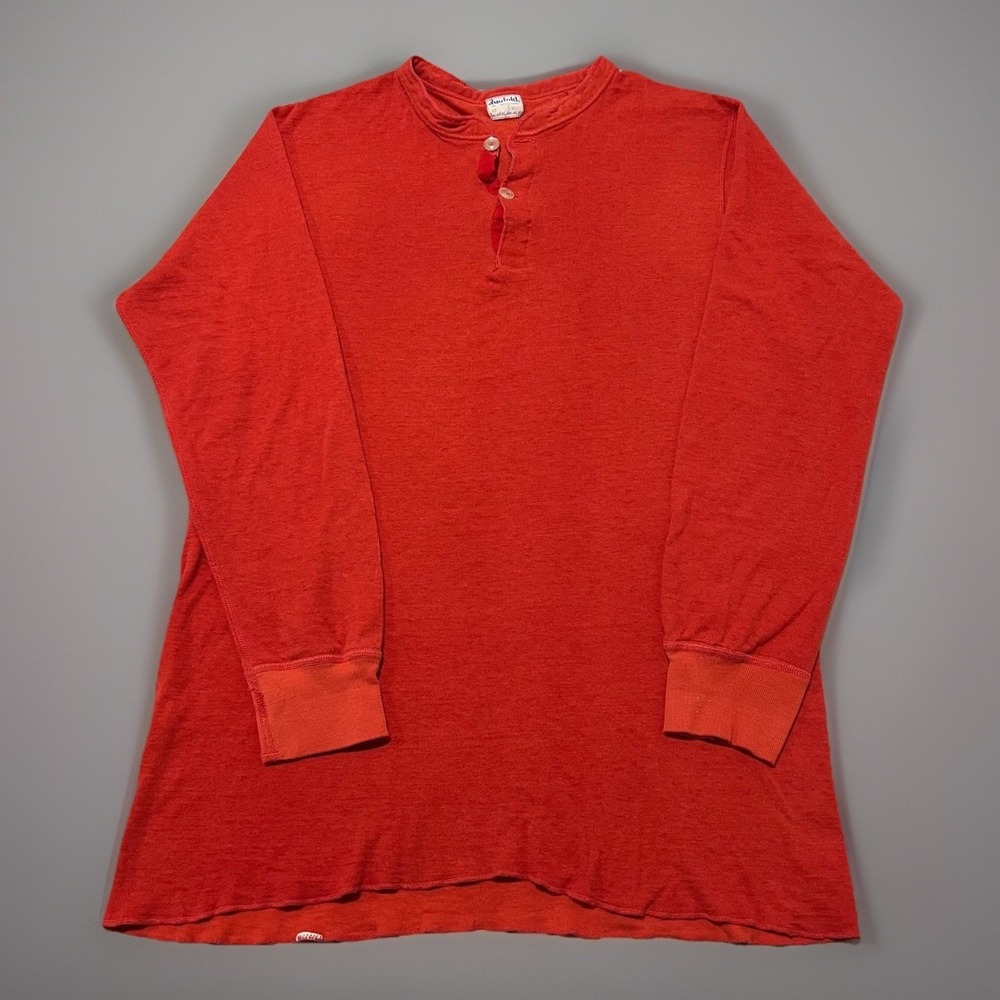 Vintage 50s Duofold Mens Red Twill Base Layer River Drivers Henley Shirt L XL